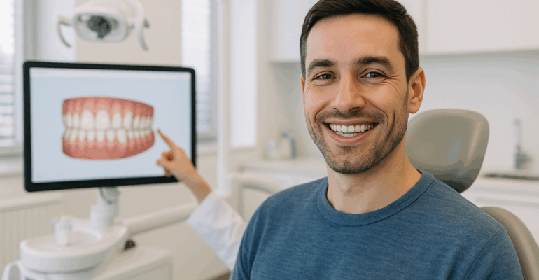 Happy patient wearing Invisalign at Ramlaoui DDS in San Jose, receiving personalized clear aligner treatment in a modern dental office.