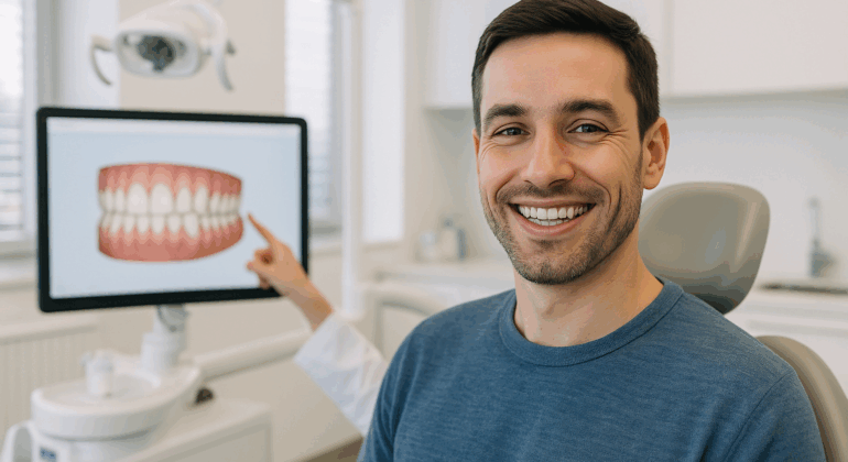 Happy patient wearing Invisalign at Ramlaoui DDS in San Jose, receiving personalized clear aligner treatment in a modern dental office.