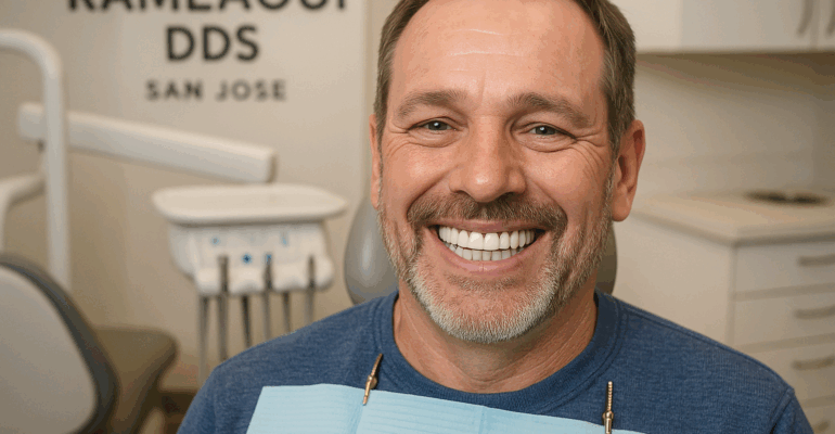 Smiling patient after receiving dental implants at Ramlaoui DDS in San Jose