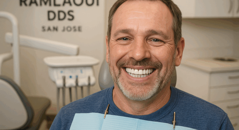 Smiling patient after receiving dental implants at Ramlaoui DDS in San Jose