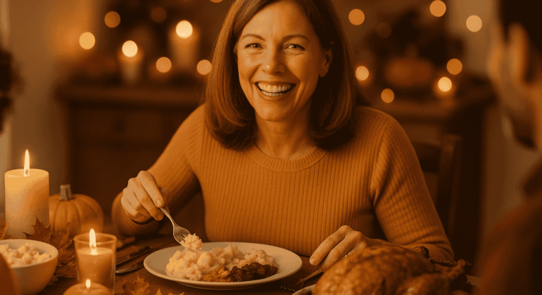Woman smiling confidently at Thanksgiving dinner after getting the best dental implants near me for Thanksgiving dinner